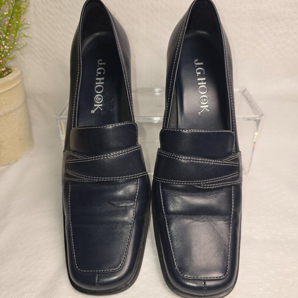 J.G. HOOK BLACK LEATHER SLIP ON HEELED SANDRA SHOE CASUAL SQUARE TOE SIZE 7 - Picture 4 of 8